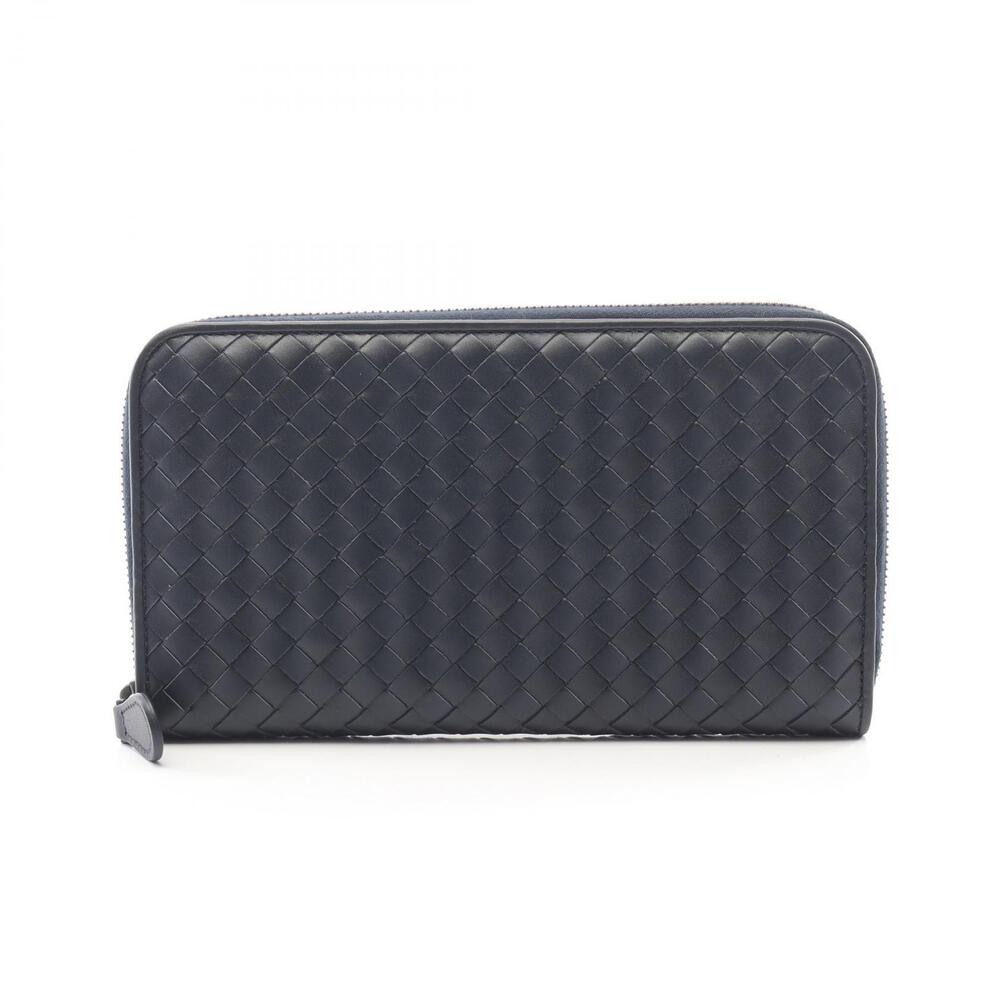 Bottega Veneta Intrecciato Round Zip Wallet Leather Navy Blue